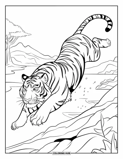 Coloriage de tigres pour enfants : Un tigre s’élance au-dessus d’un rebord rocheux, son mouvement gracieux mêlé à la puissance de la nature