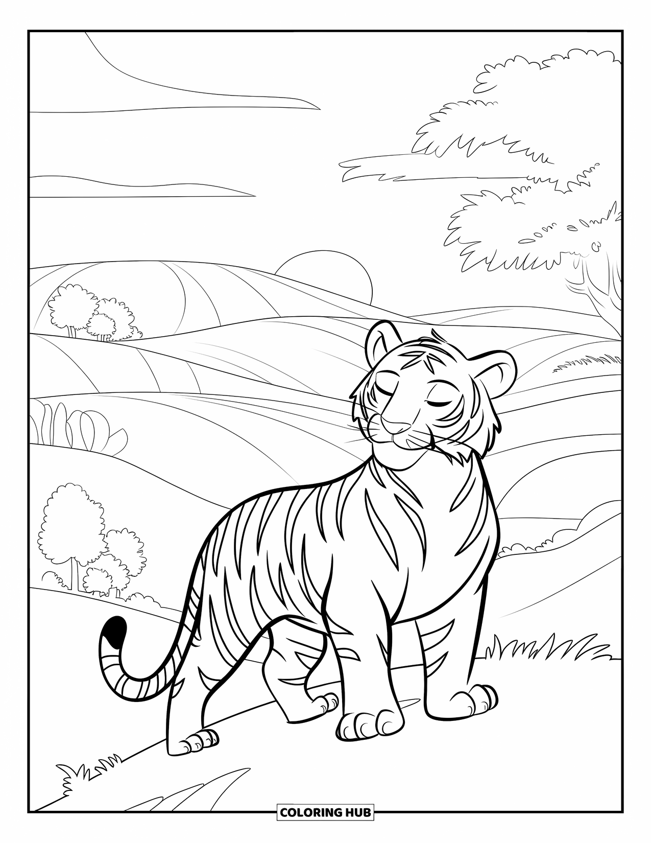 Tiger Ausmalbild für Kinder: Ein Tiger, der auf einem Hügel steht, seine Augen geschlossen, während er die ruhige Sonnenuntergangsbrise genießt