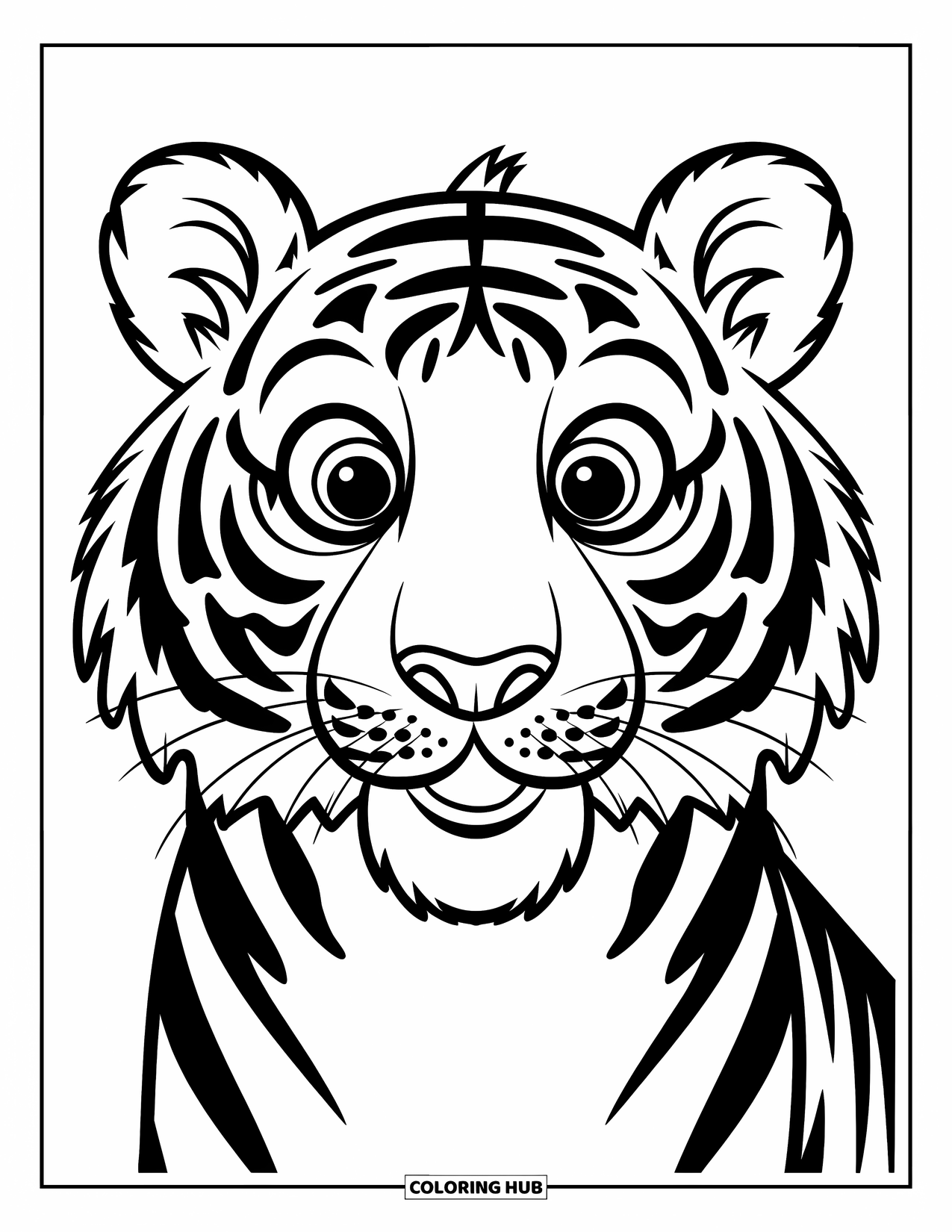 Tiger Ausmalbild für Kinder: Das helle und fröhliche Gesicht eines Tigers, mit kräftigen Umrissen und einem einfachen, leicht auszumalenden Design