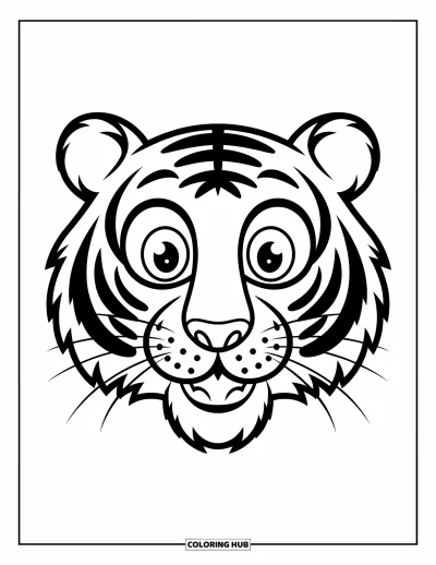 Coloriage de tigres pour enfants : Le visage d’un tigre aux grands yeux ronds et au sourire amical, tracé avec des contours épais pour le coloriage