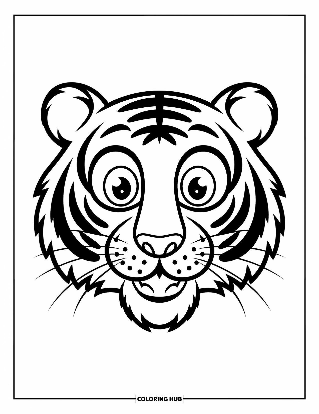 Tiger Ausmalbild für Kinder: Das Gesicht eines Tigers mit großen, runden Augen und einem freundlichen Lächeln, kräftig umrandet zum Ausmalen
