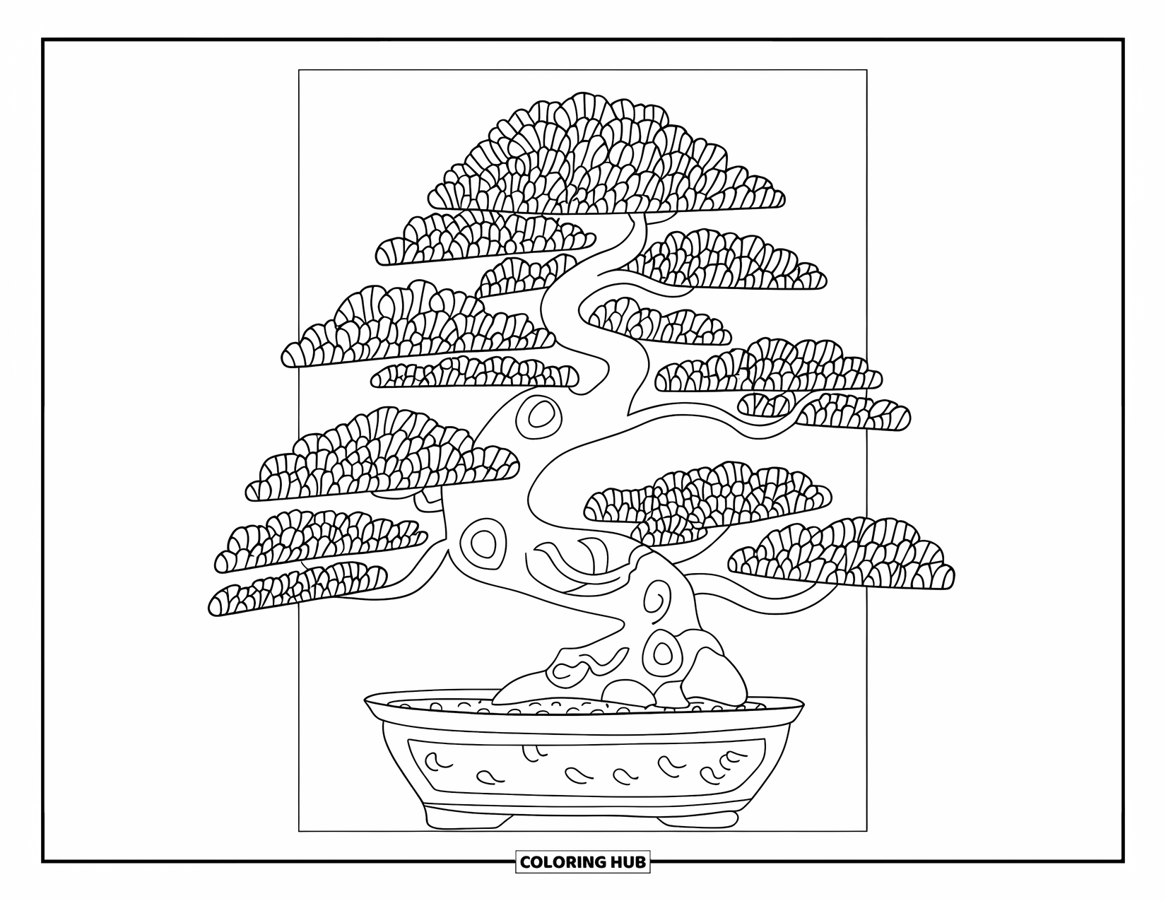 Tree Coloring Page for Adults: A bonsai tree with curved branches in a decorative pot, with intricate patterns