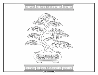 Dibujo de árboles para colorear para adultos: Un bonsái con ramificación elaborada, maceta detallada y borde decorativo alrededor de la imagen