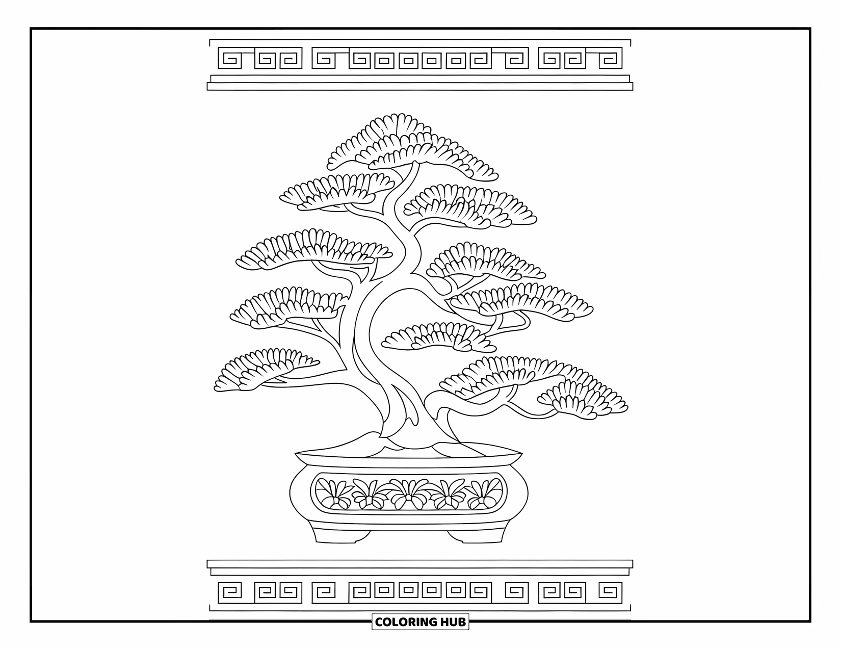 Tree Coloring Page for Adults: A bonsai tree with elaborate branching, detailed pot, and a decorative border around the image