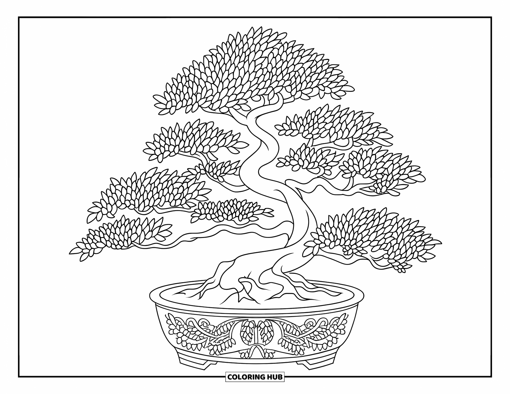 Tree Coloring Page for Adults: A bonsai tree with multiple branches and intricate patterns on a textured surface