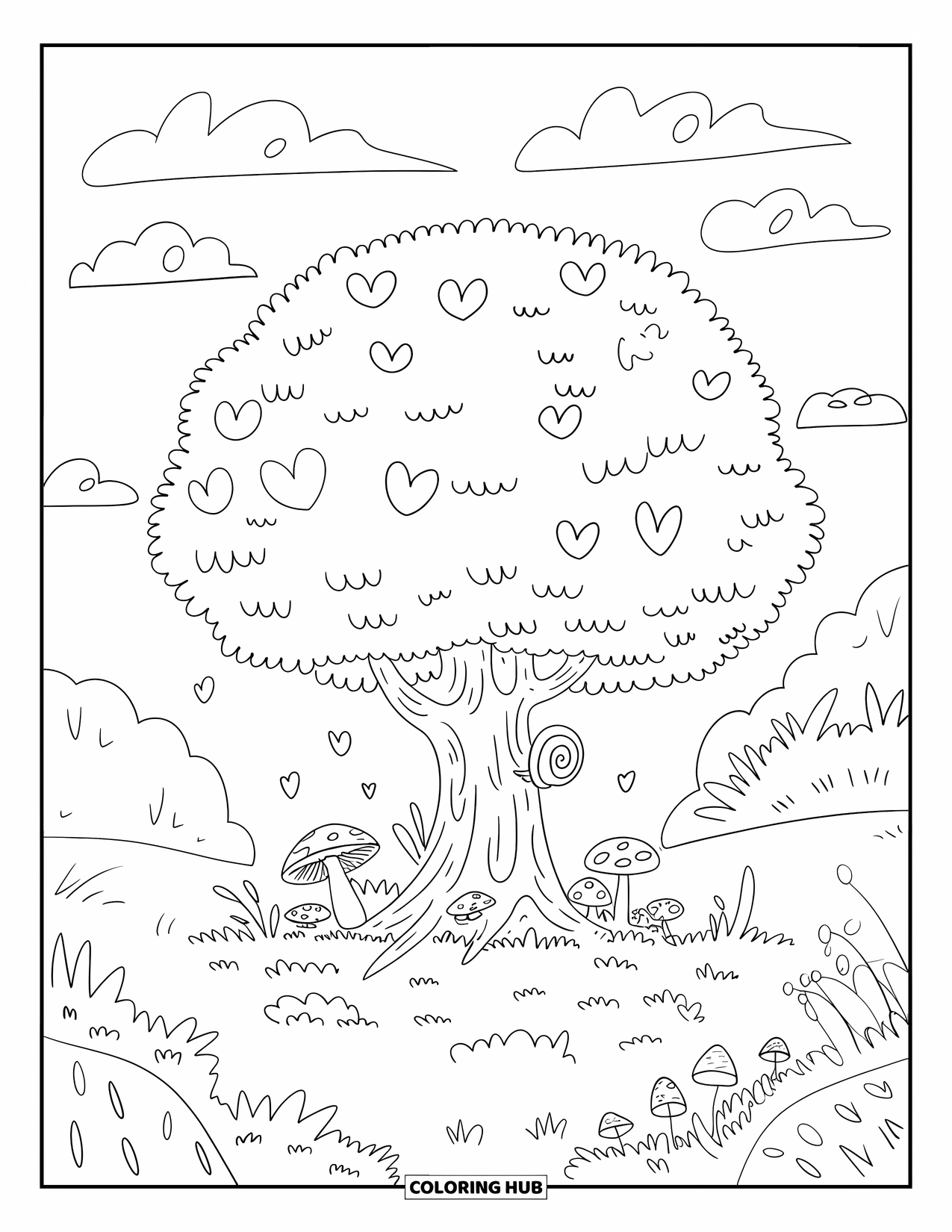 Tree Coloring Page for Adults: A bushy tree with heart-shaped leaves, mushrooms, a snail, and a soft grassy area around it