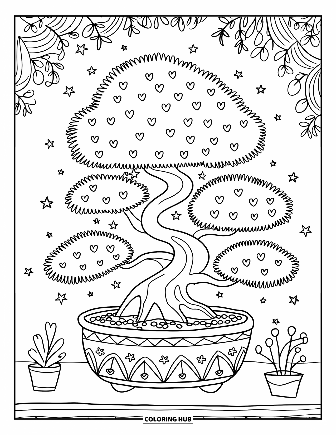 Tree Coloring Page for Adults: A chubby bonsai tree in a decorative pot with heart-shaped leaves, stars, and potted plants