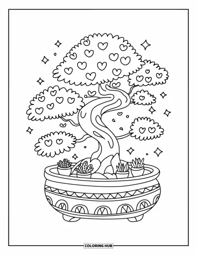 Dibujo de árboles para colorear para adultos: Un bonsái regordete con hojas en forma de corazón, estrellas flotando alrededor y pequeñas macetas