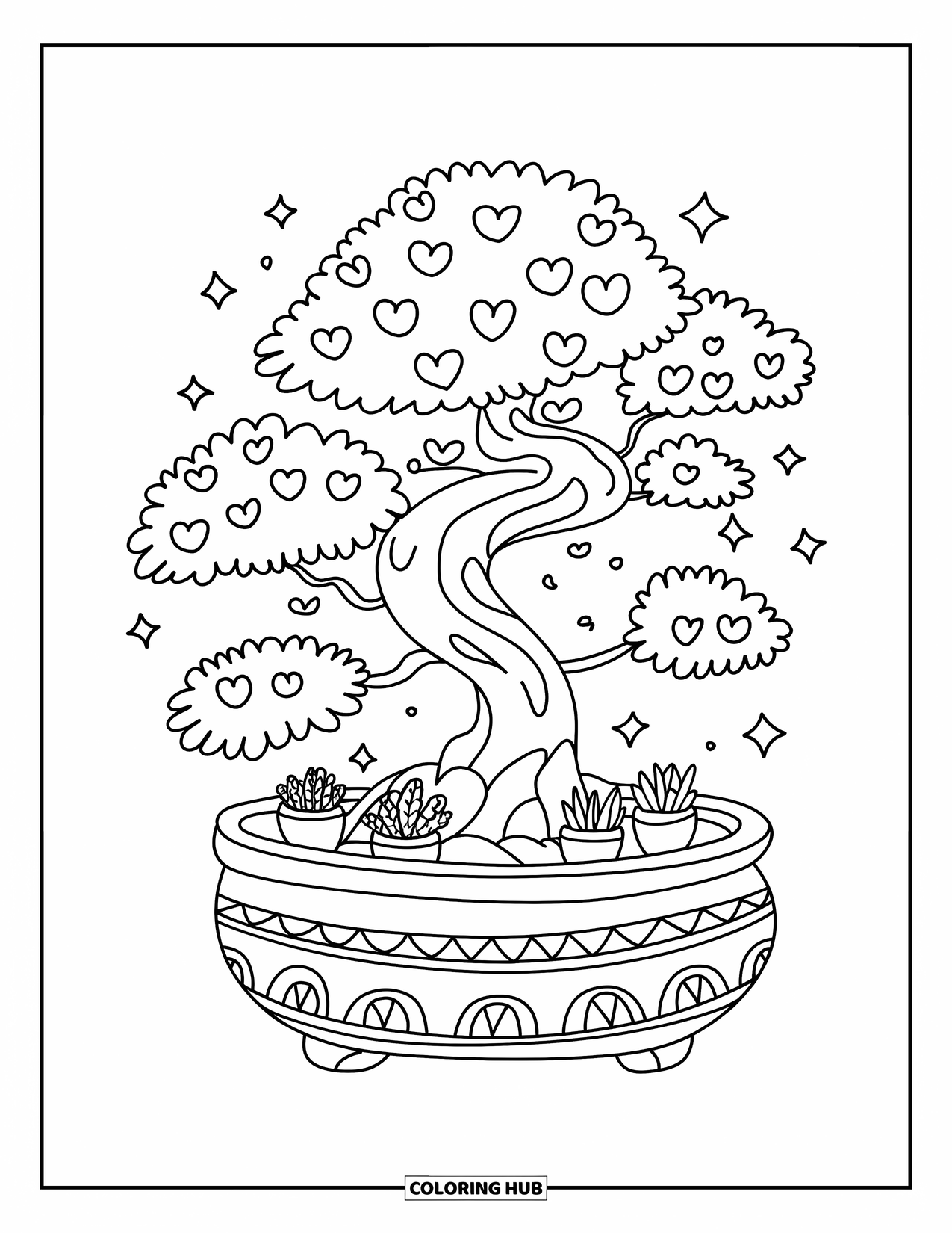 Tree Coloring Page for Adults: A chubby bonsai tree with heart-shaped leaves, stars floating around, and small potted plants