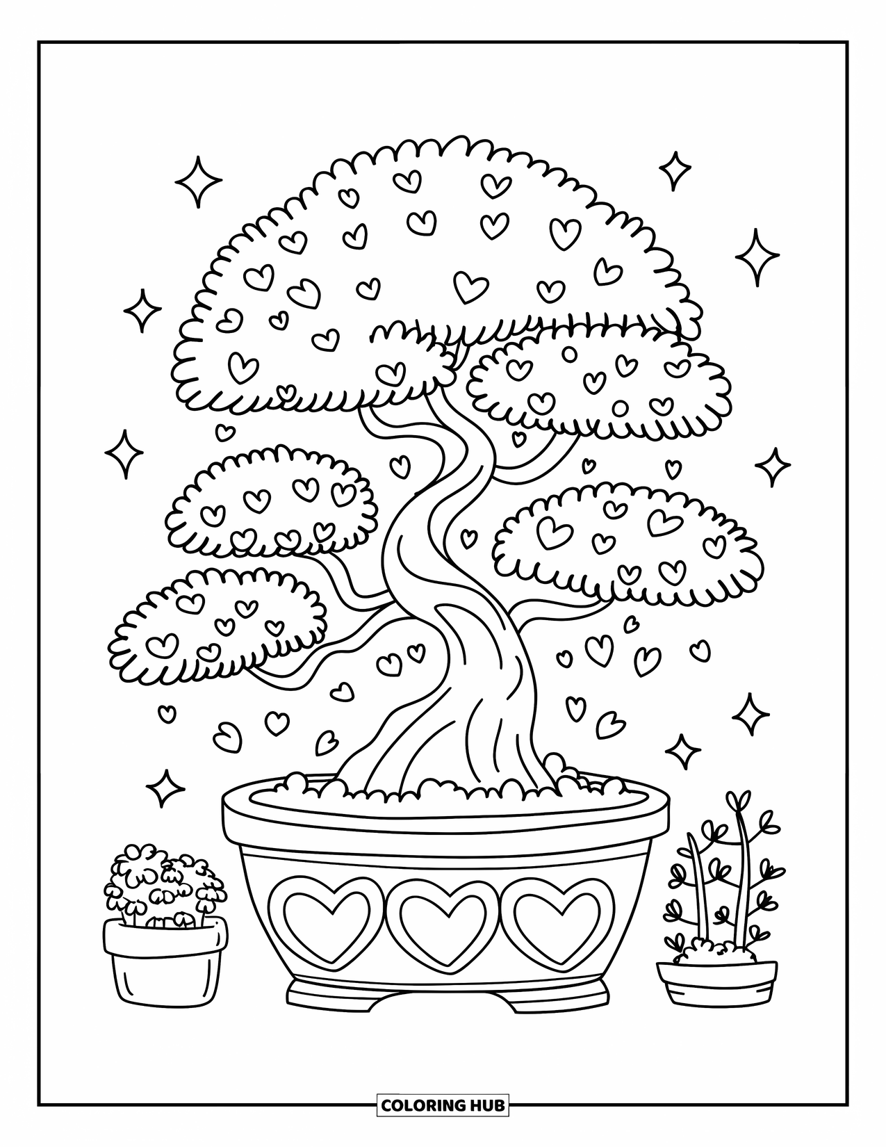 Tree Coloring Page for Adults: A chubby bonsai tree with heart-shaped leaves, tiny stars, and potted plants at its base
