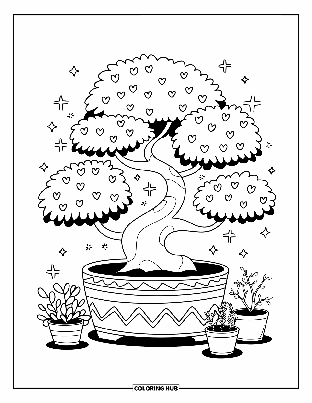 Tree Coloring Page for Adults: A chubby bonsai tree with heart-shaped leaves, tiny stars, and small potted plants at its base