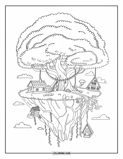 Dibujo de árboles para colorear para adultos: Una isla flotante con un árbol creciendo en ella, con casitas y un puente entre ramas