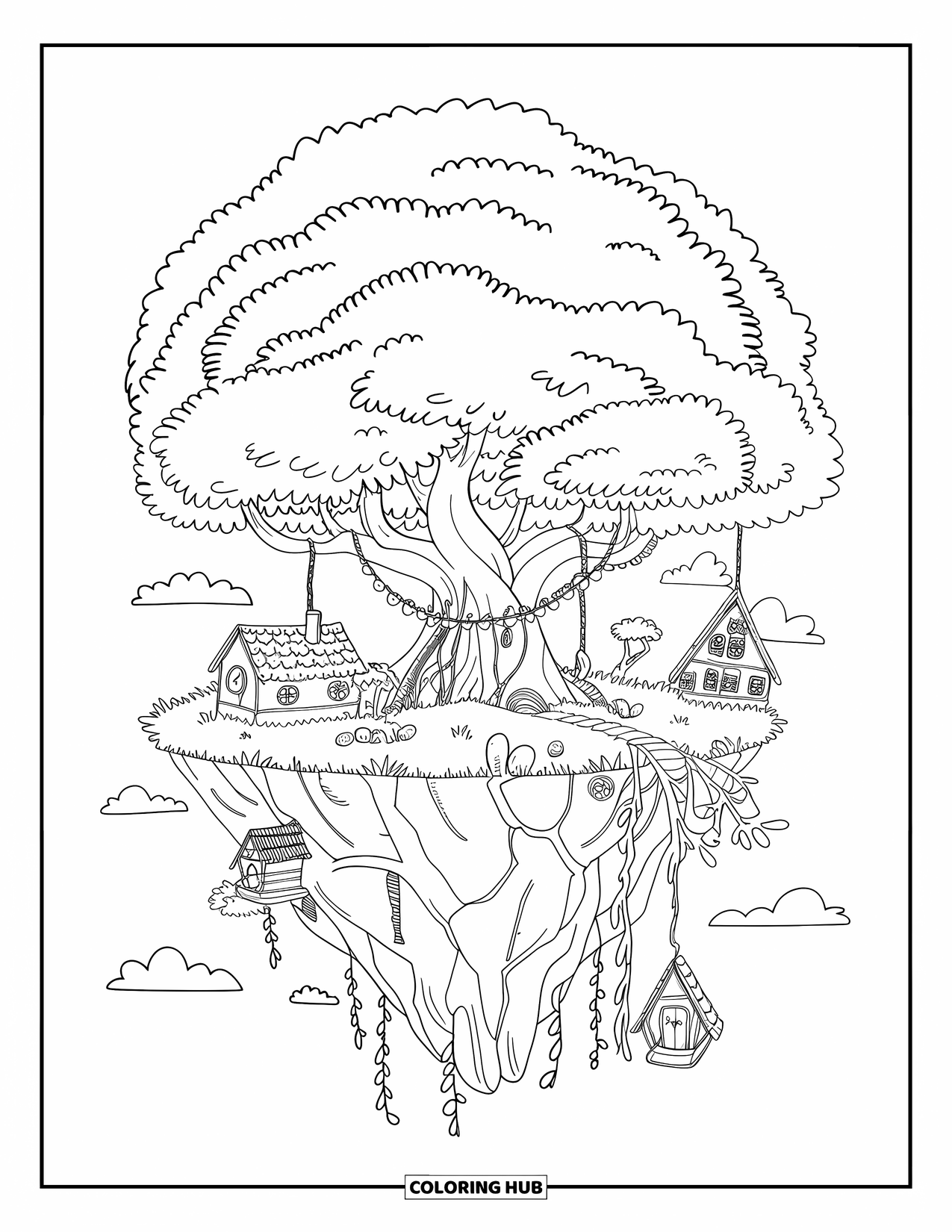 Tree Coloring Page for Adults: A floating island with a tree growing on it, with small houses and a bridge between branches