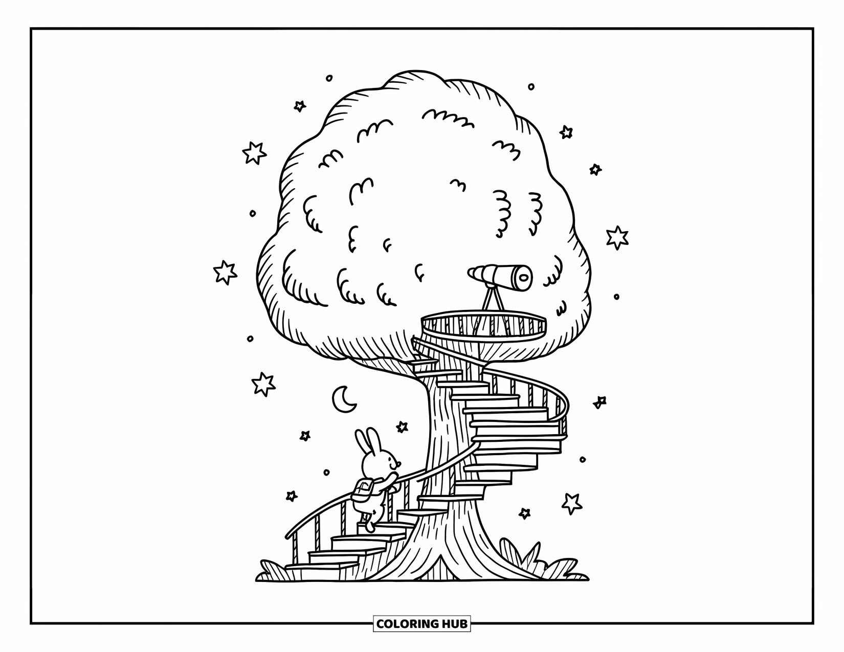Tree Coloring Page for Adults: A fluffy tree trunk with a spiral staircase, stars, moons, and a bunny climbing toward the lookout