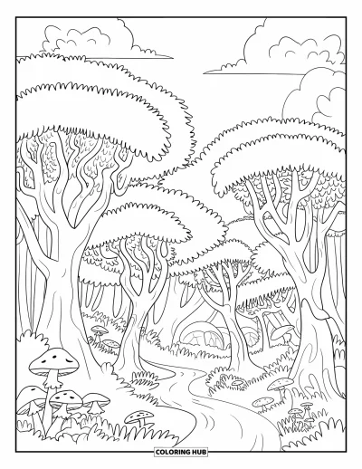 Dibujo de árboles para colorear para adultos: Una escena de bosque con árboles altos, sendero sinuoso, hongos, rocas y cielo sereno