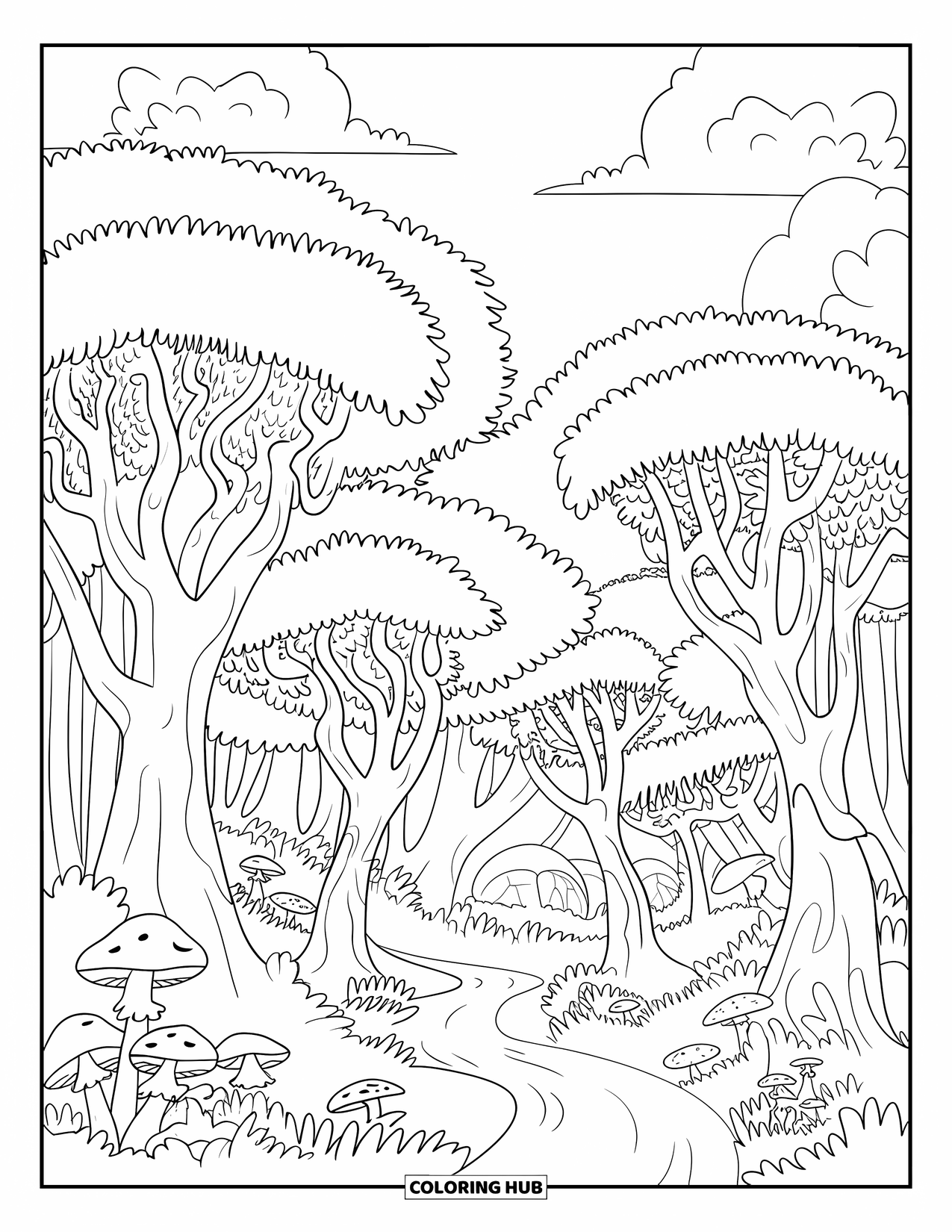 Tree Coloring Page for Adults: A forest scene with tall trees, a winding path, mushrooms, rocks, and a serene sky