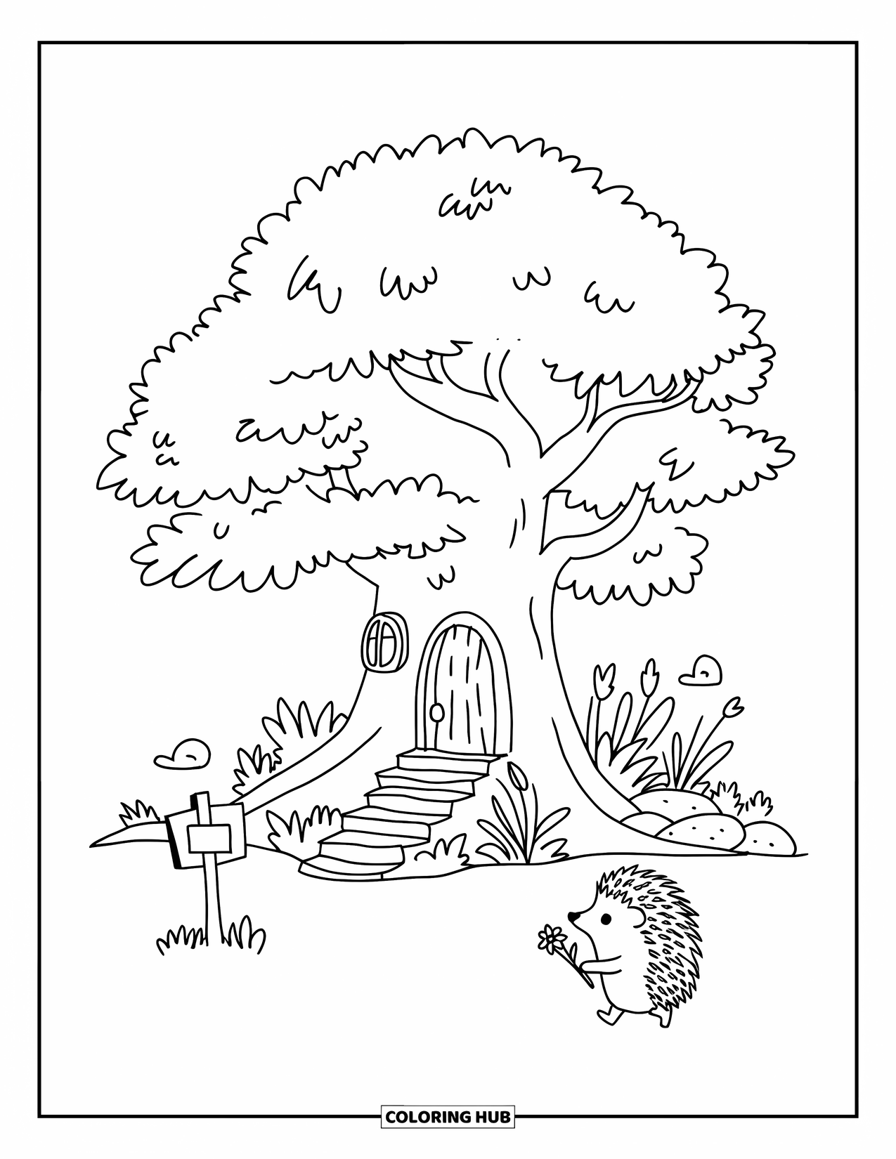 Tree Coloring Page for Adults: A friendly tree with a hollow door, stairs, and a hedgehog carrying a flower, with small plants