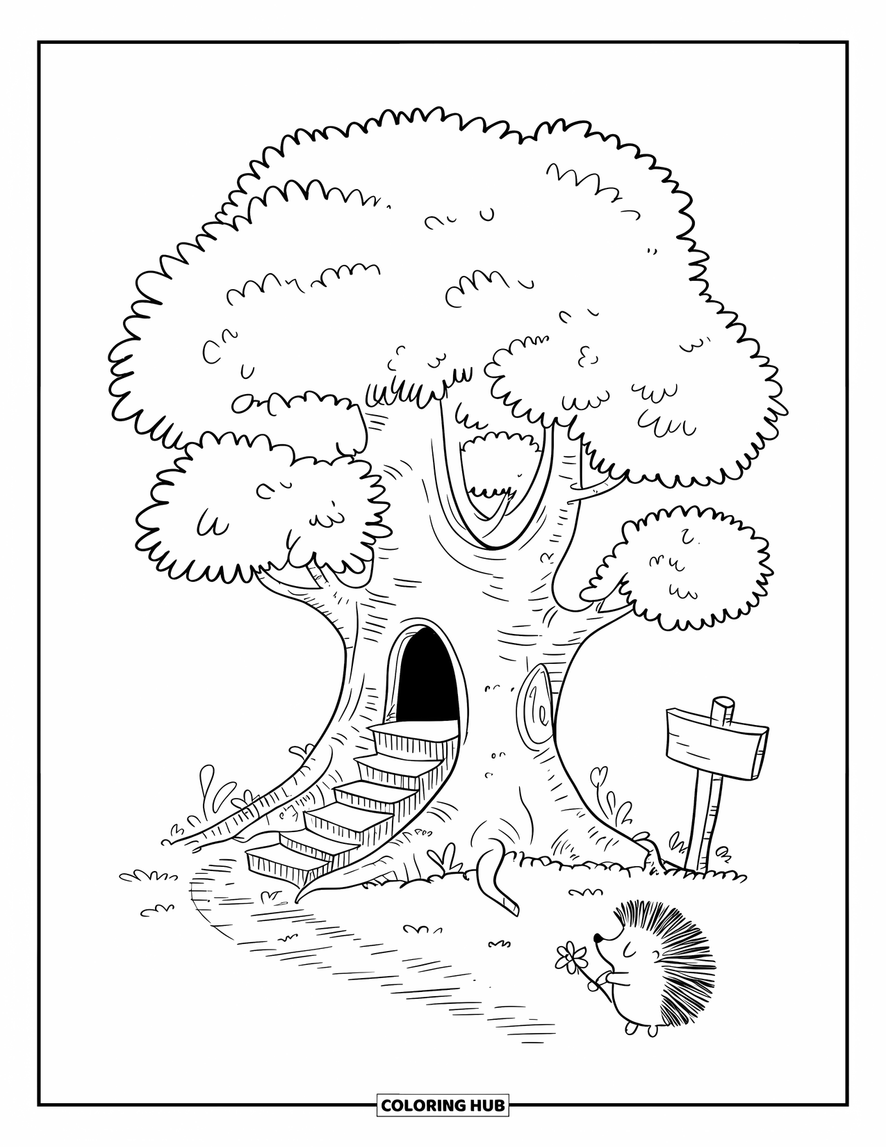 Tree Coloring Page for Adults: A friendly tree with a hollow door, tiny stairs, a hedgehog carrying a flower, and a signpost nearby