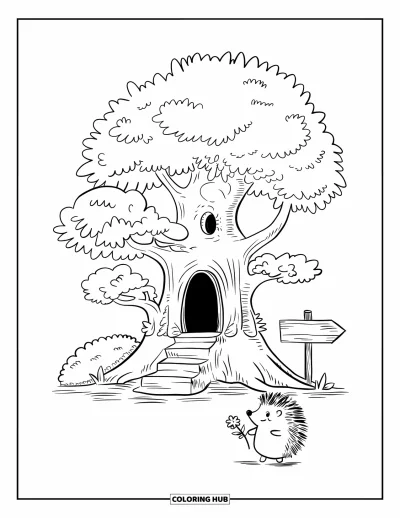 Dibujo de árboles para colorear para adultos: Un árbol amigable con puerta hueca, escaleritas y un erizo caminando hacia el árbol