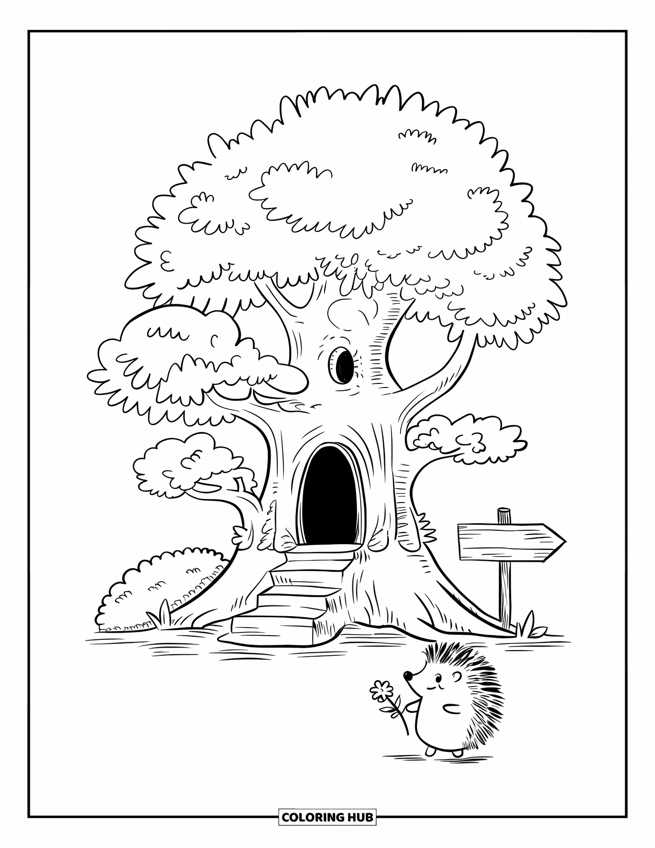 Tree Coloring Page for Adults: A friendly tree with a hollow door, tiny stairs, and a hedgehog walking toward the tree