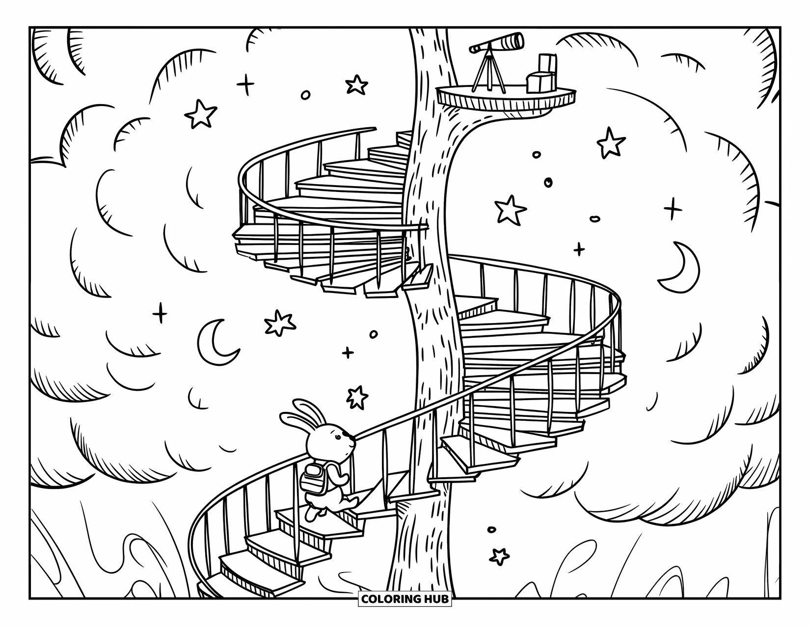 Tree Coloring Page for Adults: A spiral staircase around a fluffy tree trunk, leading to a lookout platform with a bunny climbing
