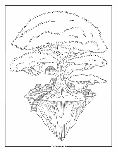 Dibujo de árboles para colorear para adultos: Un árbol creciendo en una isla flotante, con casitas en las ramas y un puente en miniatura