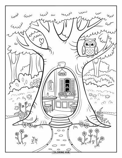 Dibujo de árboles para colorear para adultos: Un árbol con cafetería en el tronco hueco, con un camino que conduce a él, rodeado de bosque