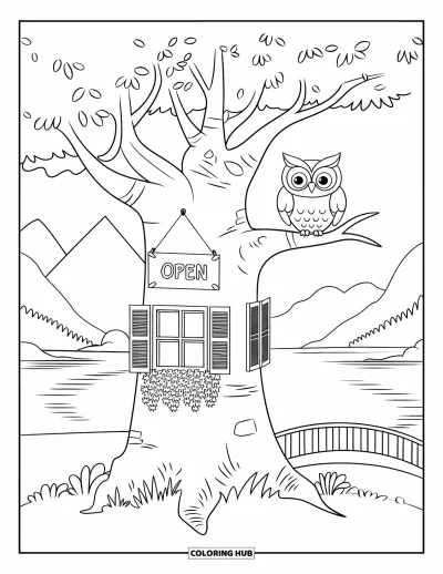 Dibujo de árboles para colorear para adultos: Un árbol con tronco hueco convertido en cafetería, con paisaje tranquilo y un puente
