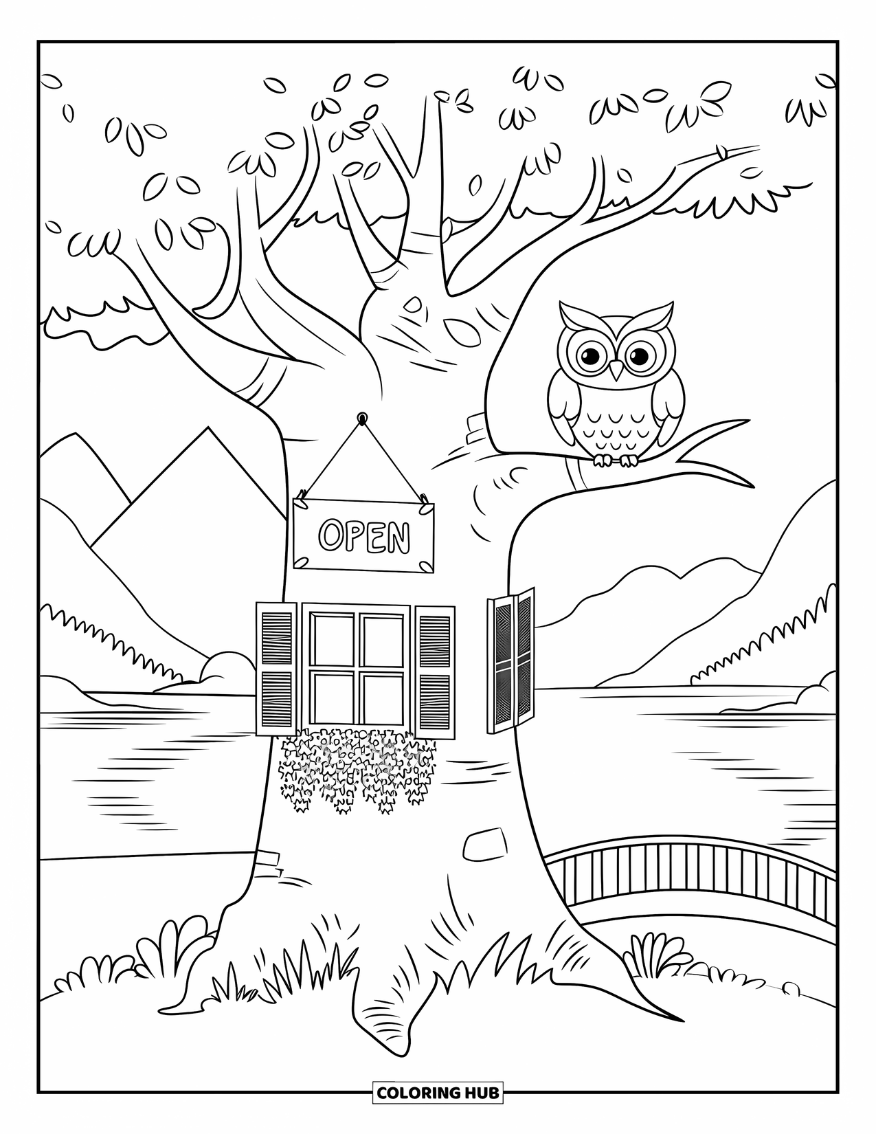Tree Coloring Page for Adults: A tree with a hollow trunk turned into a café, with a peaceful landscape and a bridge