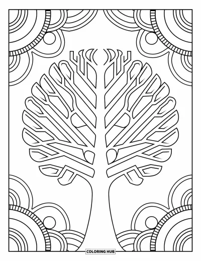Dibujo de árboles para colorear para adultos: Un árbol con ramas que se extienden de forma simétrica, rodeado de detalles de patrones artísticos