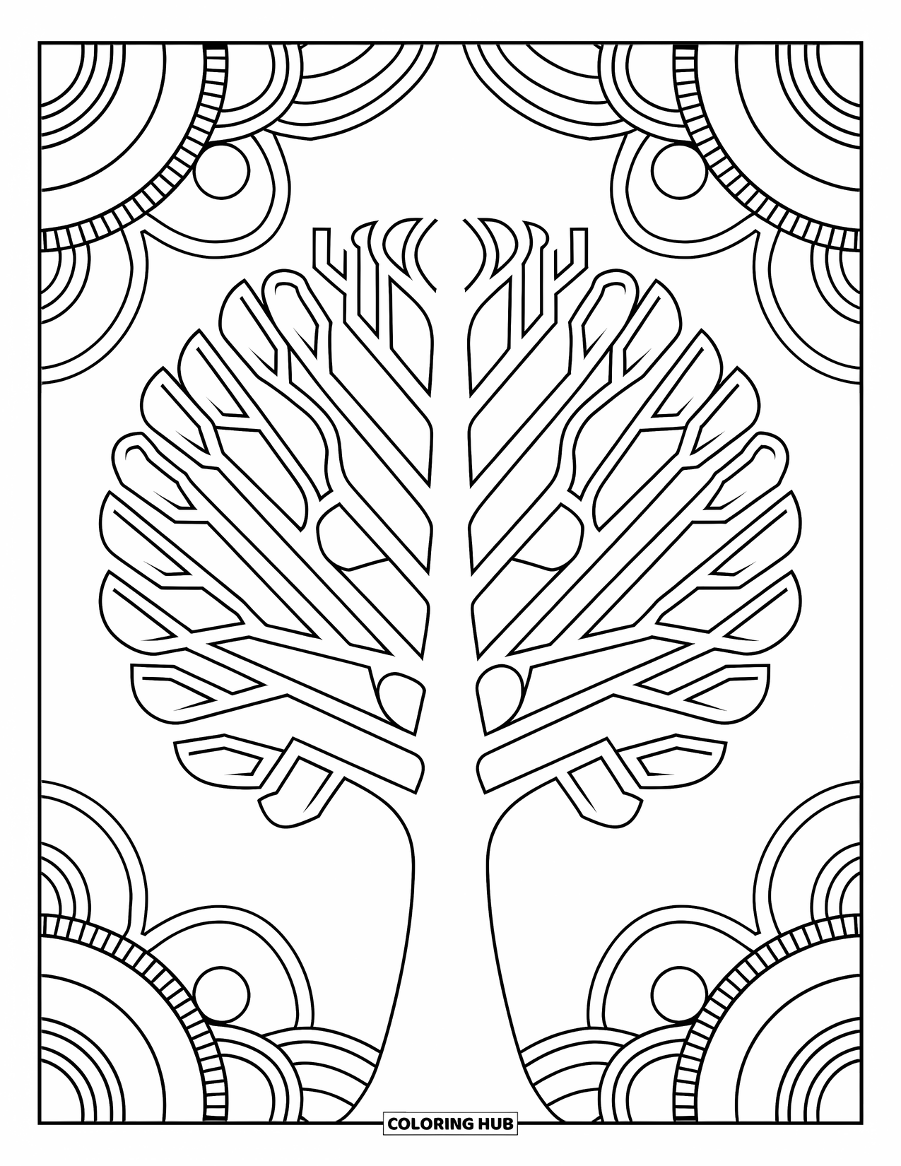 Tree Coloring Page for Adults: A tree with branches extending symmetrically, surrounded by intricate pattern details and artistic elements
