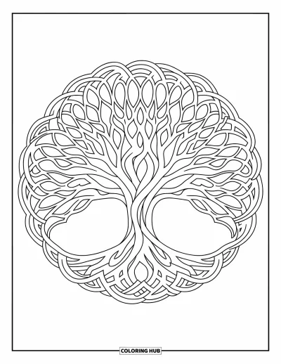 Dibujo de árboles para colorear para adultos: Un árbol con ramas que forman una copa circular tipo mandala, entrelazadas y sin hojas