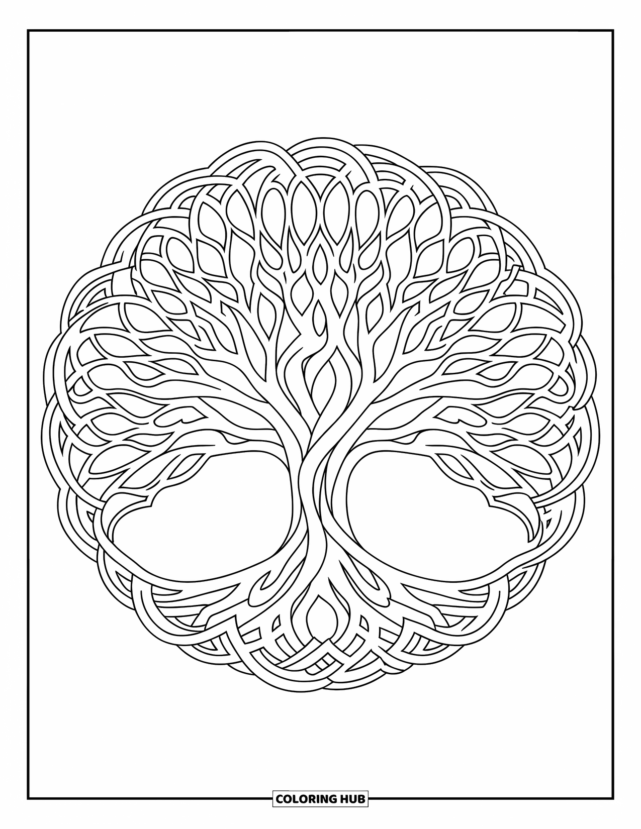 Tree Coloring Page for Adults: A tree with branches forming a circular mandala-like canopy, with intertwined branches and no leaves