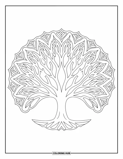 Dibujo de árboles para colorear para adultos: Un árbol con ramas formando una copa tipo mandala, en fondo liso y con patrones detallados
