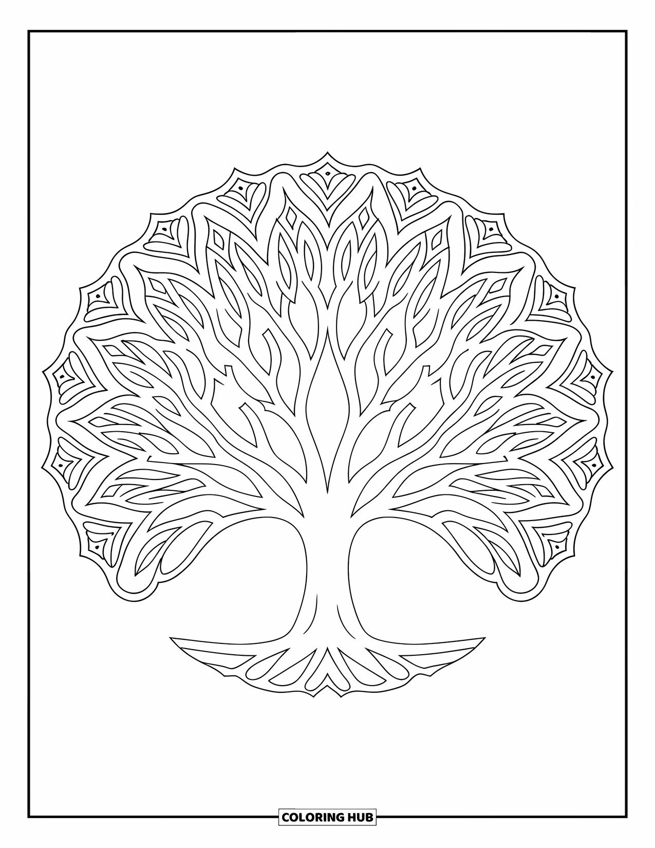 Tree Coloring Page for Adults: A tree with branches forming a mandala-like canopy, on a plain background, with intricate patterns