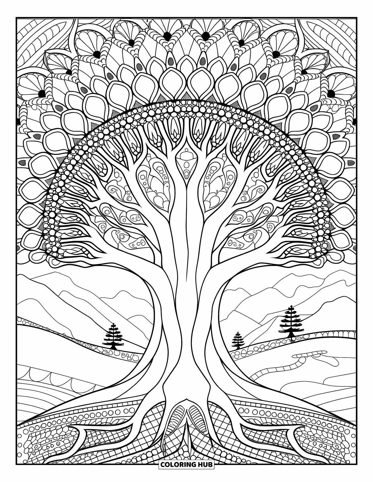 Tree Coloring Page for Adults: A tree with branches forming a mandala-like canopy, thick trunk, round stones, and a serene landscape