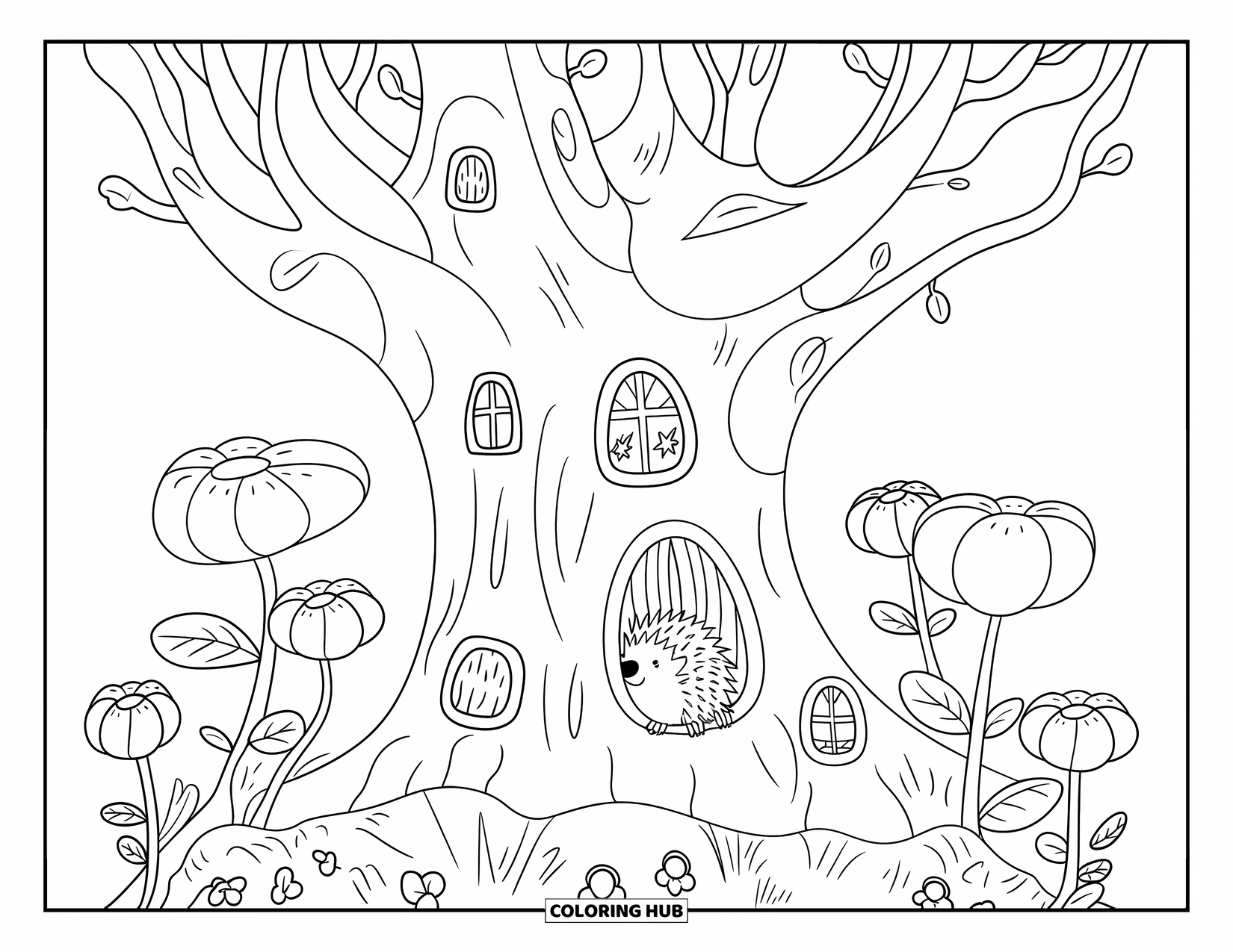 Tree Coloring Page for Adults: A tree with branches forming an archway, tiny fairy doors, and a curious hedgehog peeking out from the window