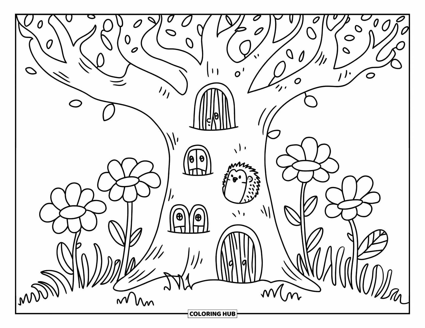Tree Coloring Page for Adults: A tree with branches forming an archway, tiny fairy doors, and a hedgehog, hand-drawn with a cute style