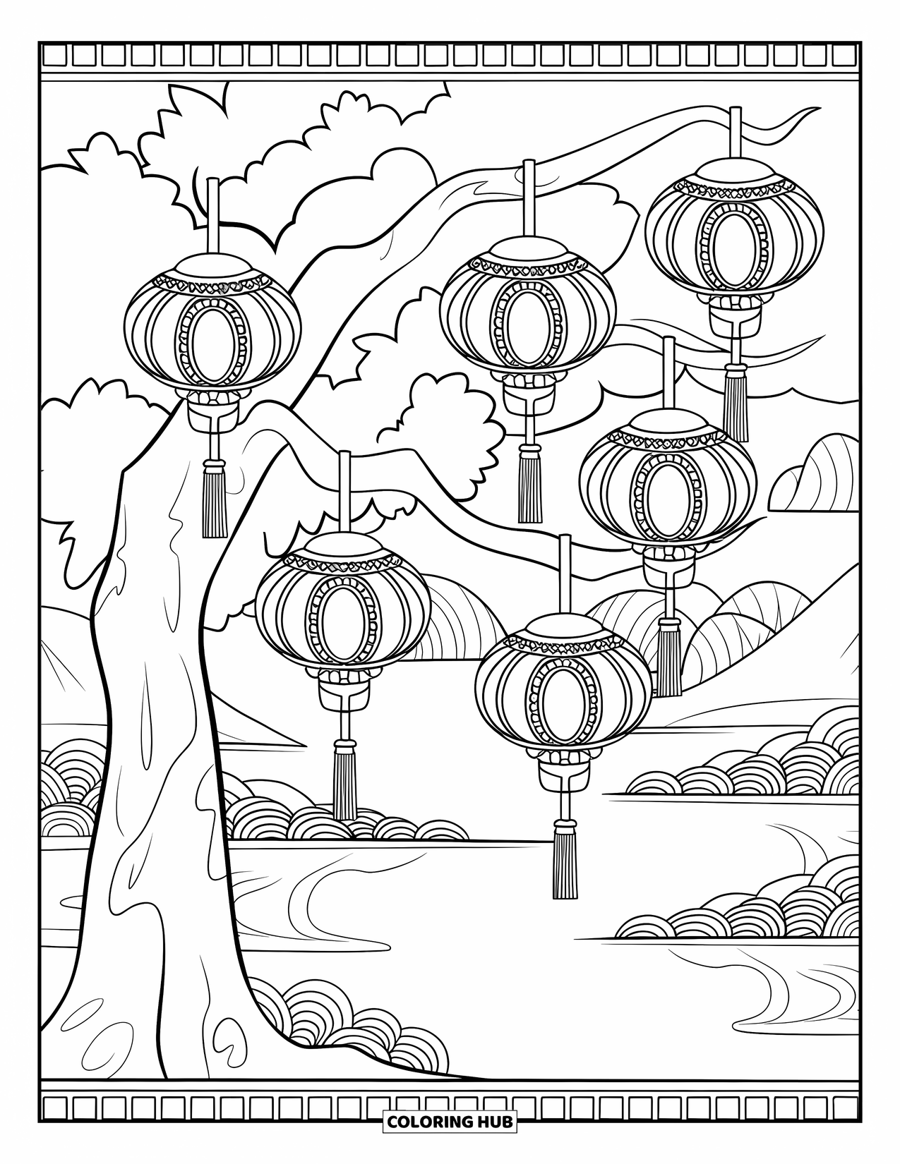 Tree Coloring Page for Adults: A tree with hanging lanterns, intricate patterns, and a serene landscape with a bridge