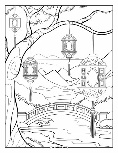 Dibujo de árboles para colorear para adultos: Un árbol con farolillos colgantes, patrones intrincados y un entorno sereno con río y montañas