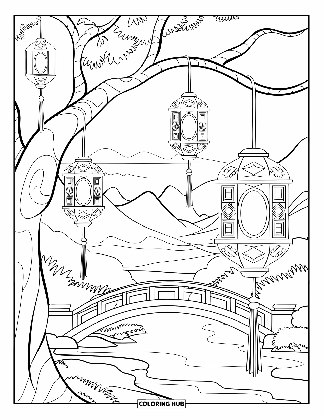 Tree Coloring Page for Adults: A tree with hanging lanterns, intricate patterns, and a serene setting with a river and mountains