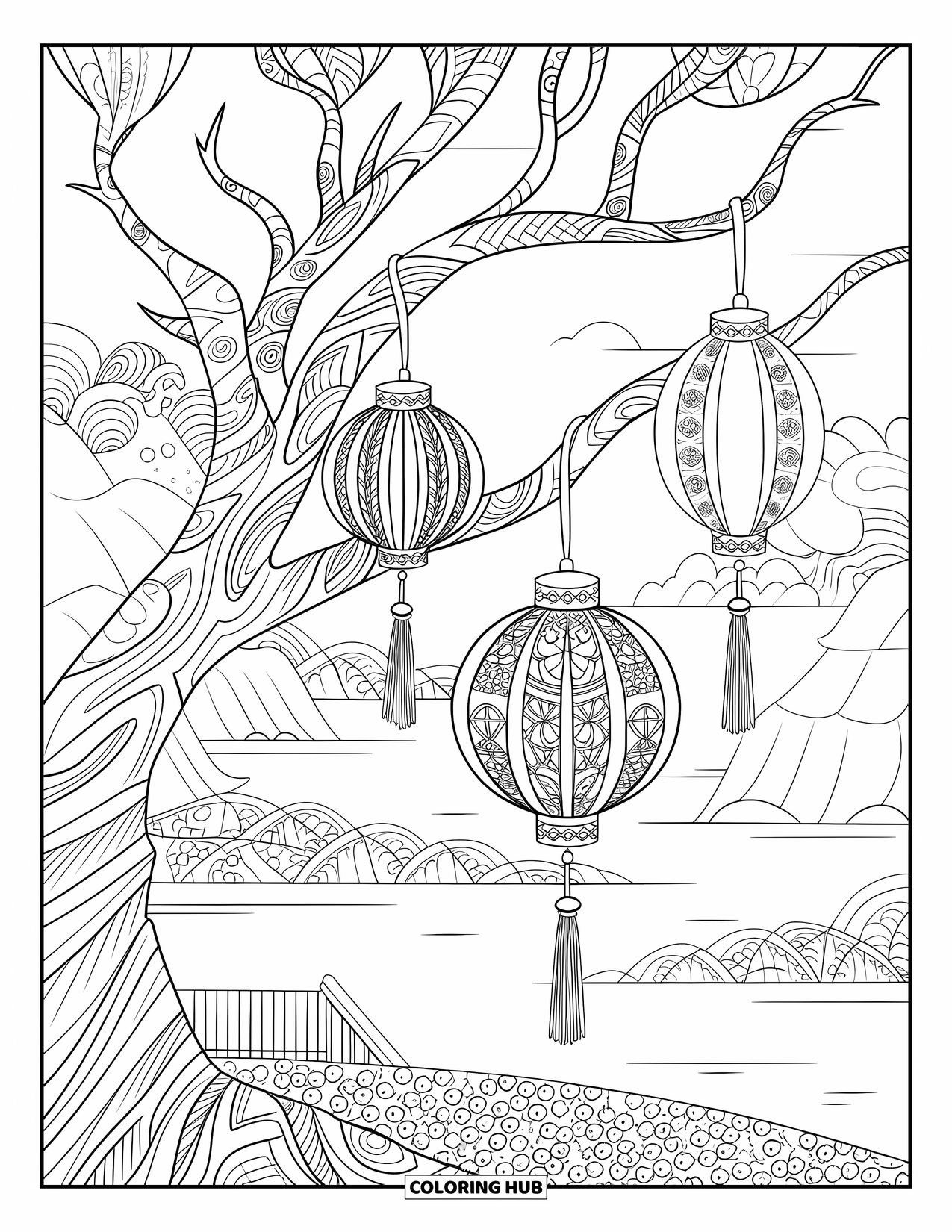 Tree Coloring Page for Adults: A tree with lanterns, intricate bark patterns, and a serene landscape with rocks and a bridge