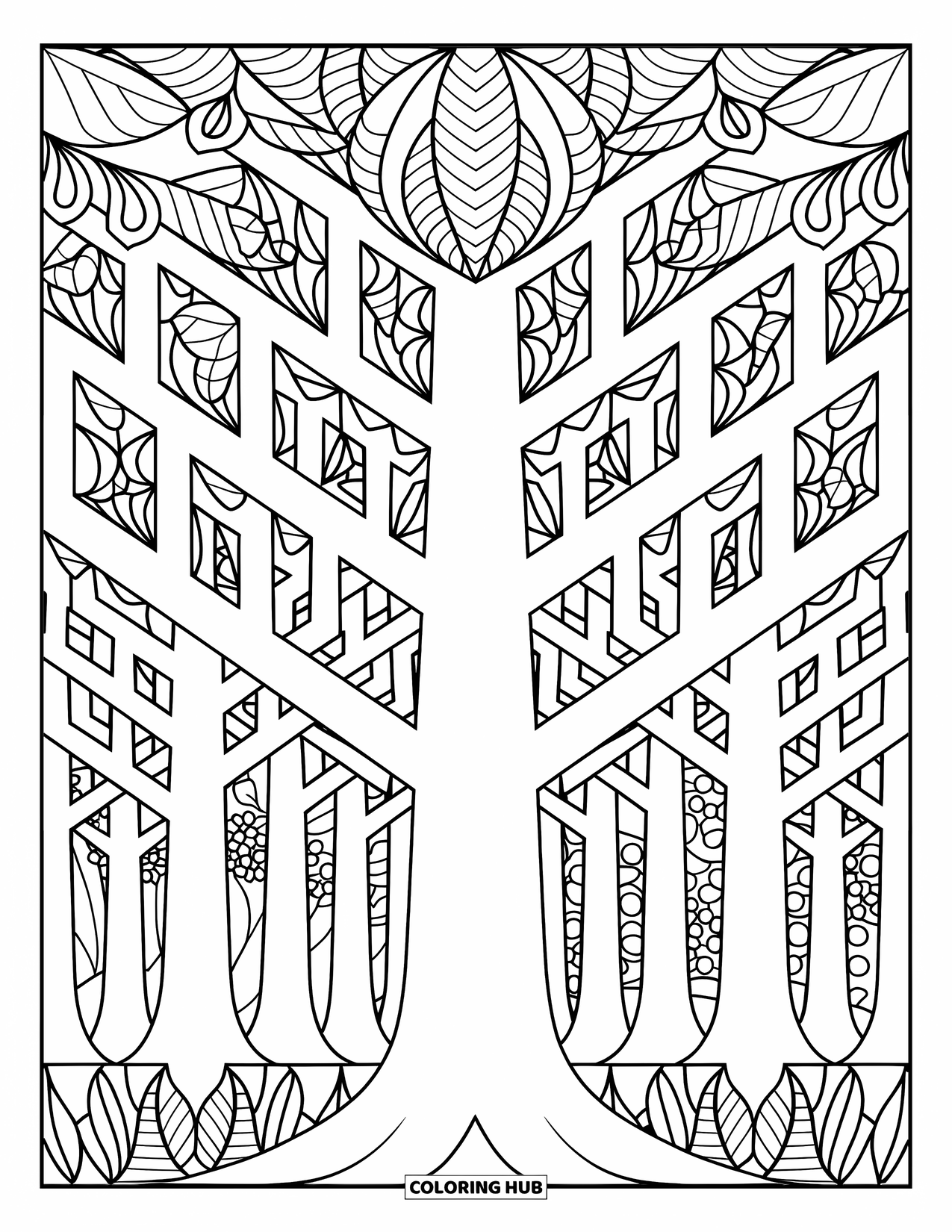 Tree Coloring Page for Adults: A tree with symmetrical branches in a forest, surrounded by decorative patterns of leaves and flowers