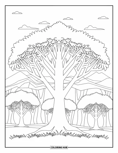 Dibujo de árboles para colorear para adultos: Un árbol con ramas simétricas en un bosque, con montañas y césped al fondo