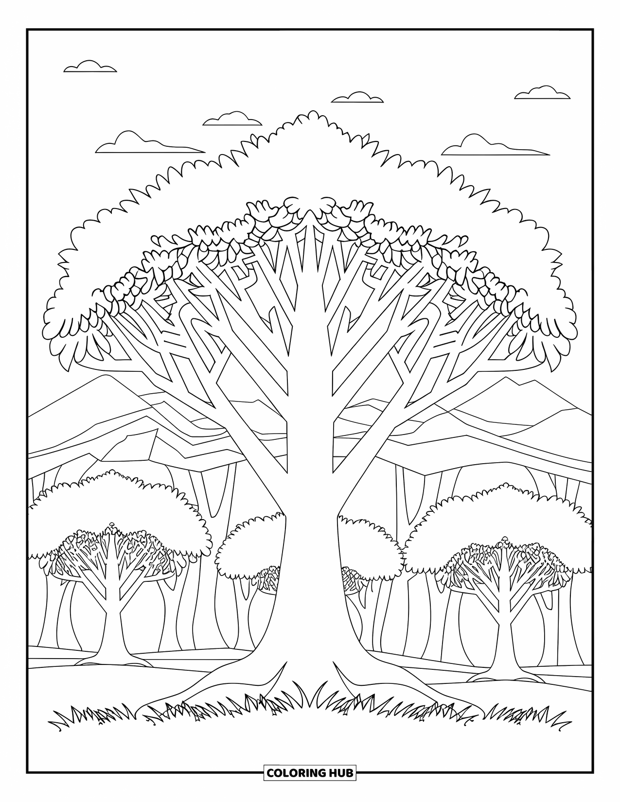 Tree Coloring Page for Adults: A tree with symmetrical branches in a forest, with mountains and grass in the background