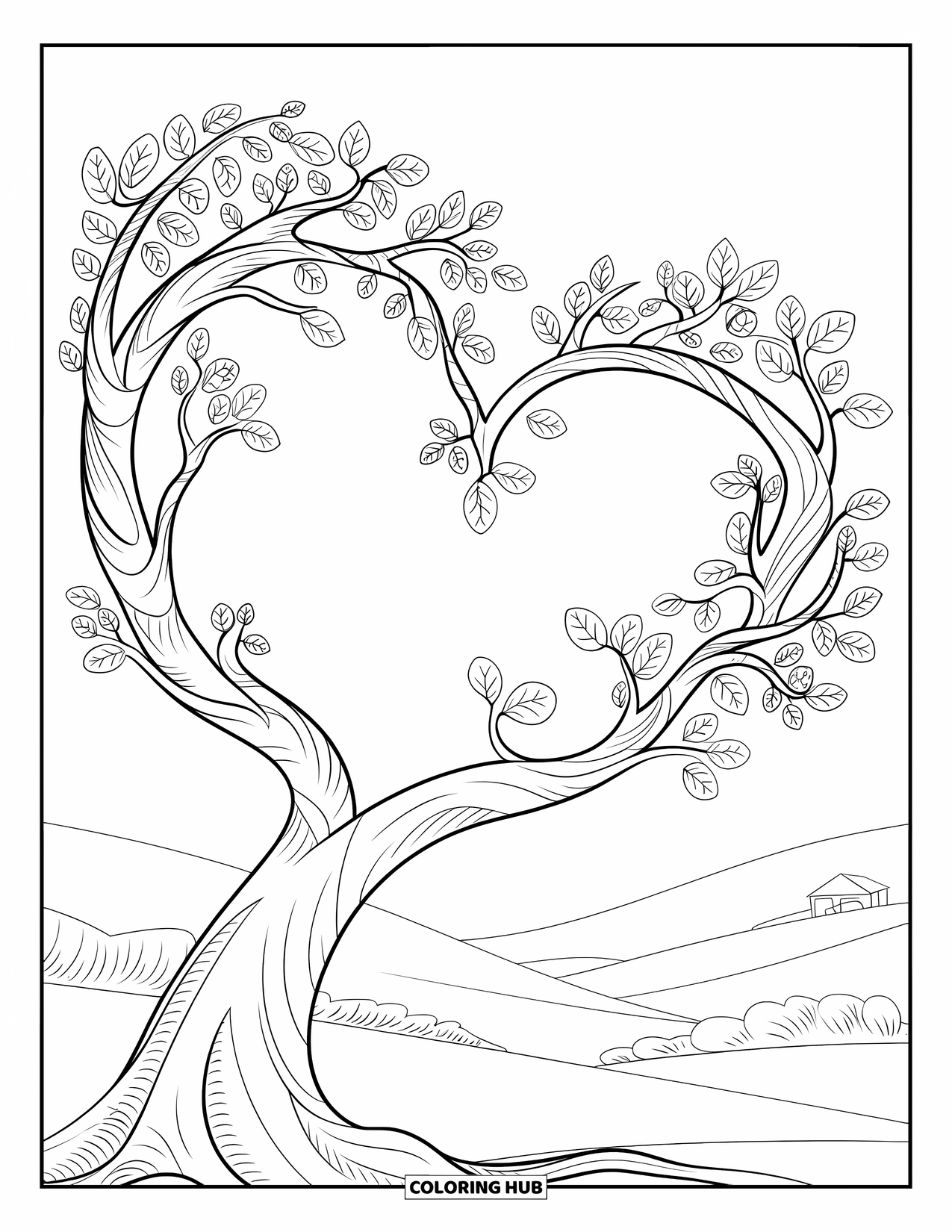 Tree Coloring Page for Adults: A tree with twisting branches forming heart-shaped patterns, leaves, and a serene landscape with hills