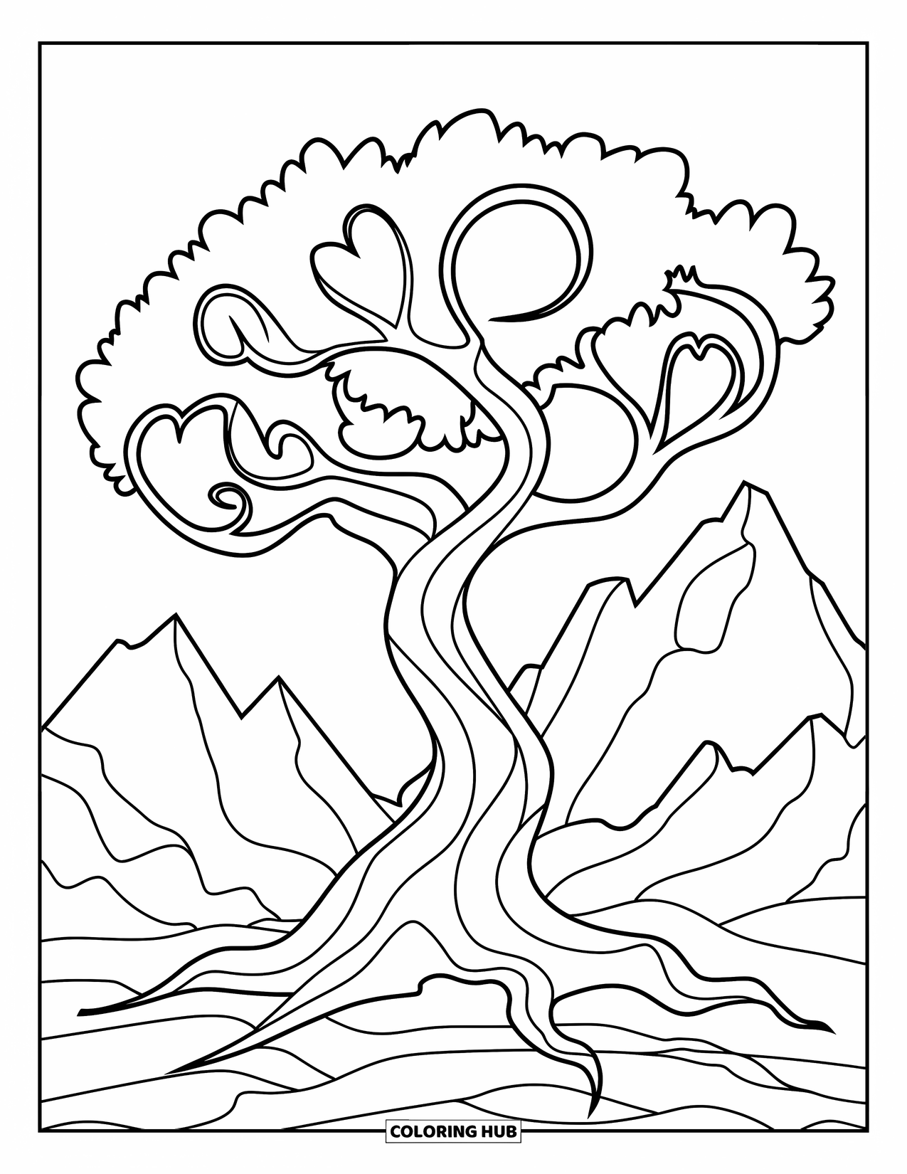 Tree Coloring Page for Adults: A tree with twisting branches forming heart-shaped patterns, standing on rocky ground with mountains