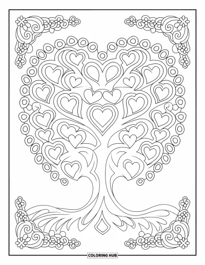Dibujo de árboles para colorear para adultos: Un árbol con ramas retorcidas que forman patrones de corazón, rodeado por un borde decorativo