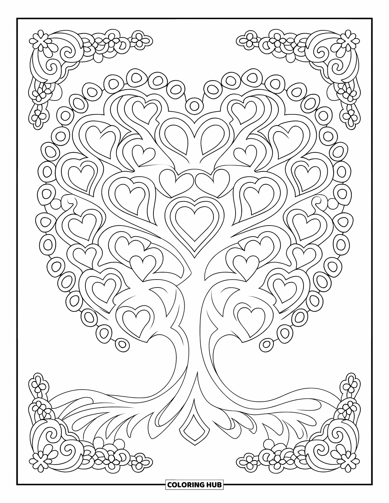 Tree Coloring Page for Adults: A tree with twisting branches forming heart-shaped patterns, surrounded by a decorative border