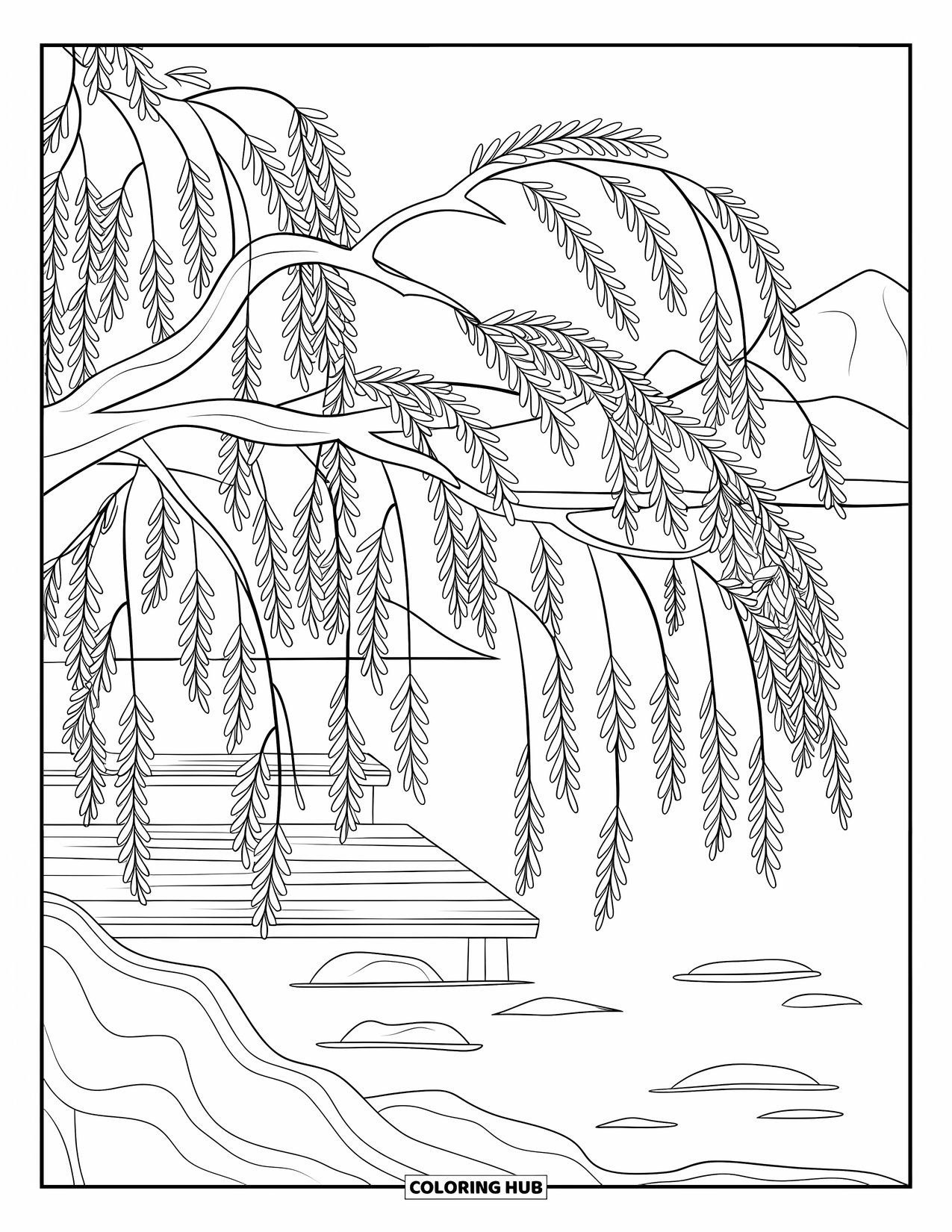 Tree Coloring Page for Adults: A willow tree with flowing branches, outlined leaves, near water with rocks and a wooden dock